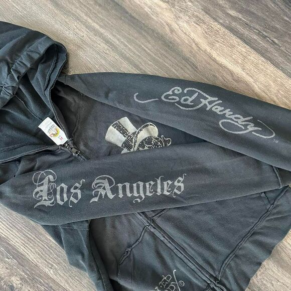 Y2K Ed Hardy Full Zip Hoodie Sweater Black LA Skull Graphic Size Medium Crop Fit - Picture 3 of 8